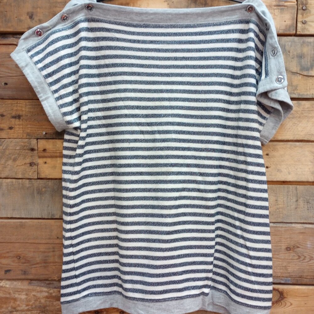 ESCADA  striped boat neck top blouse silver logo buttons XL